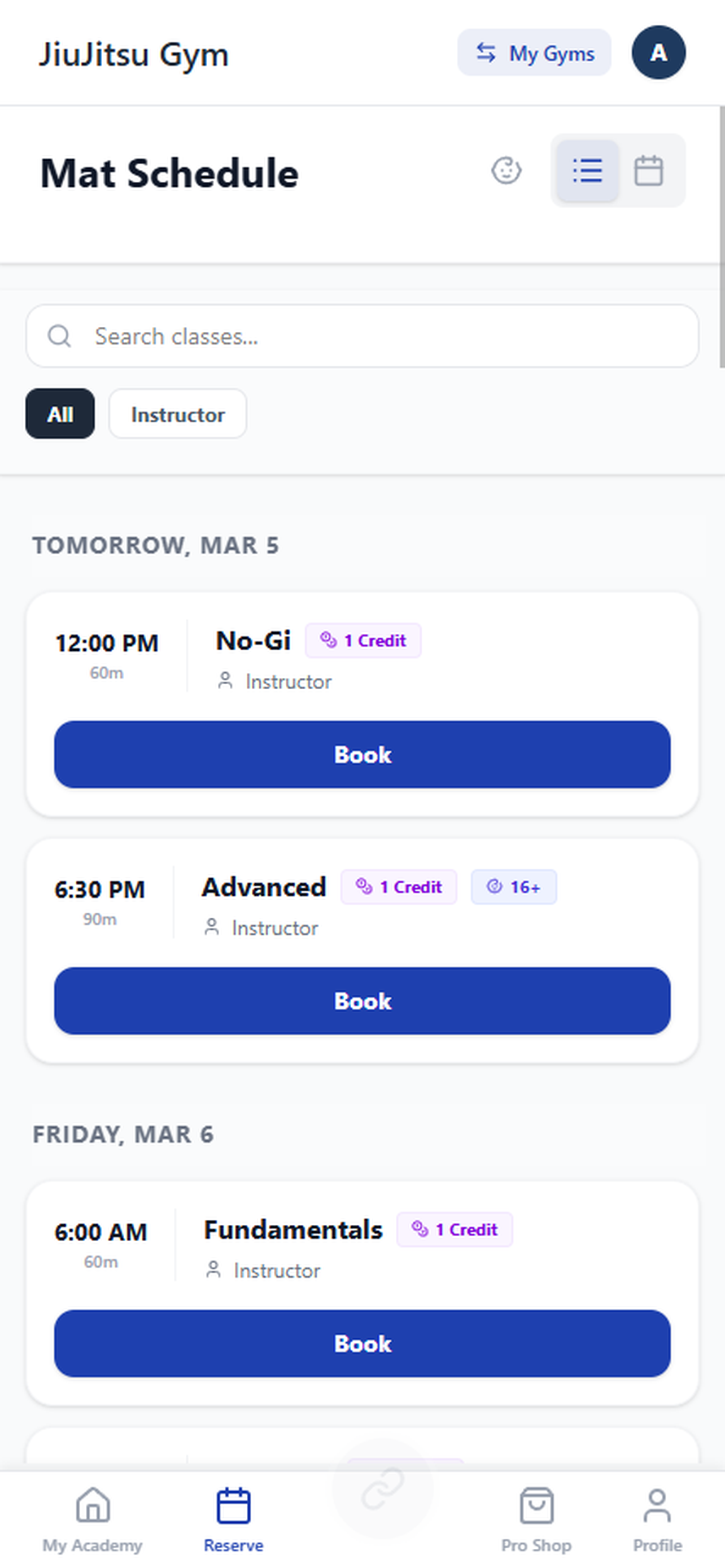 StudioDash class scheduling interface